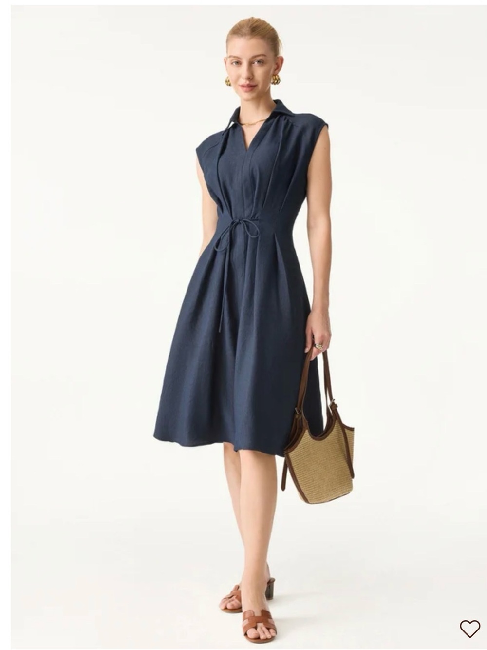 OGL Viscose-Linen Collared V-neck Midi Dress with Drawstring, Size L (10-12) EUC
